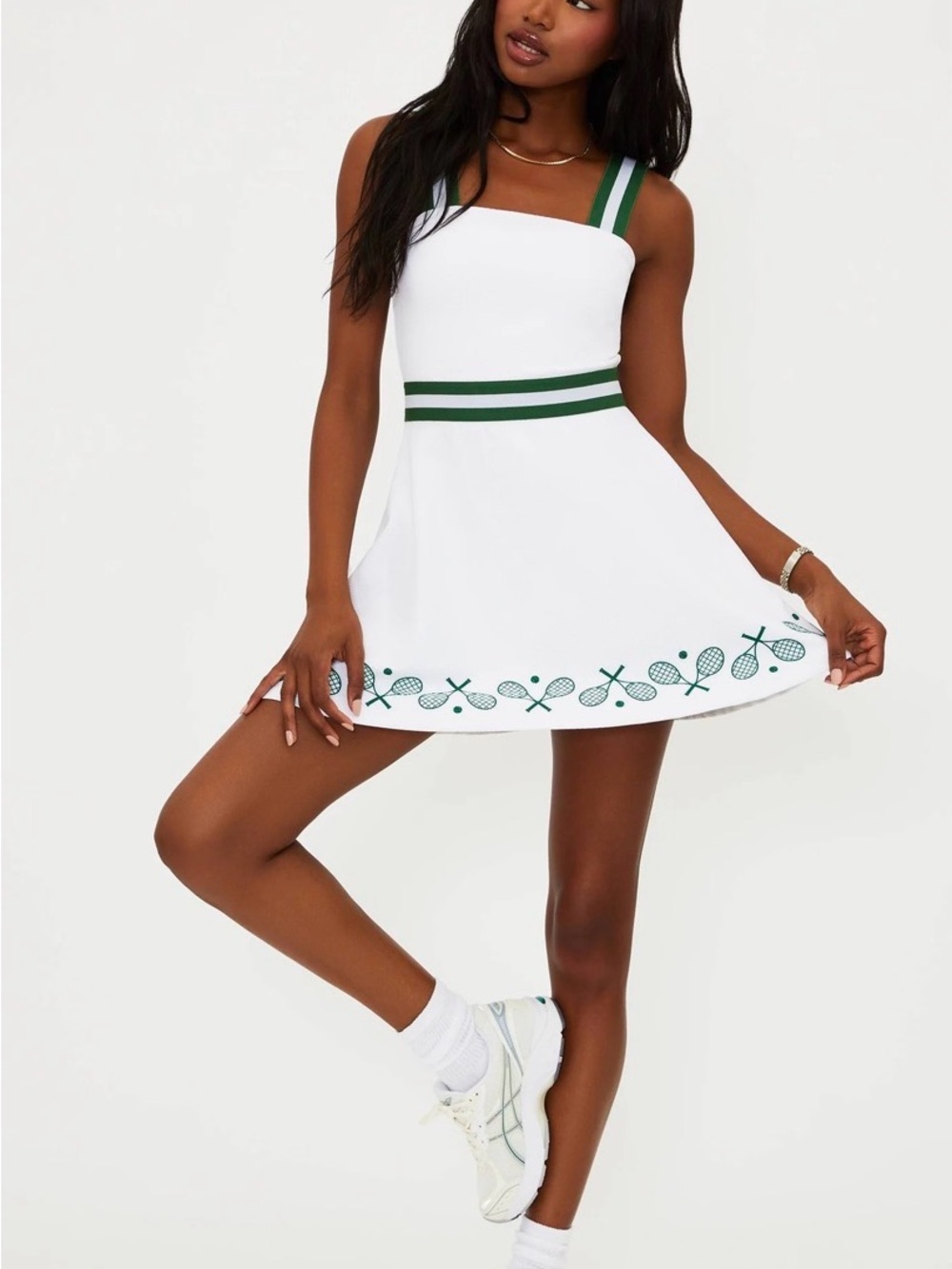 Beach Riot Brand New White Mini Tennis Dress with Green Stripes & Raquets